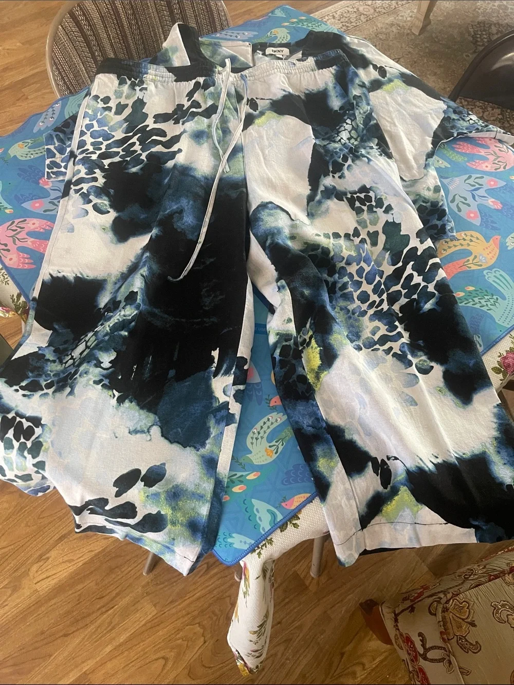 DKNY 2 Piece Set Blue & Black Watercolor Print Top and Matching wide leg
